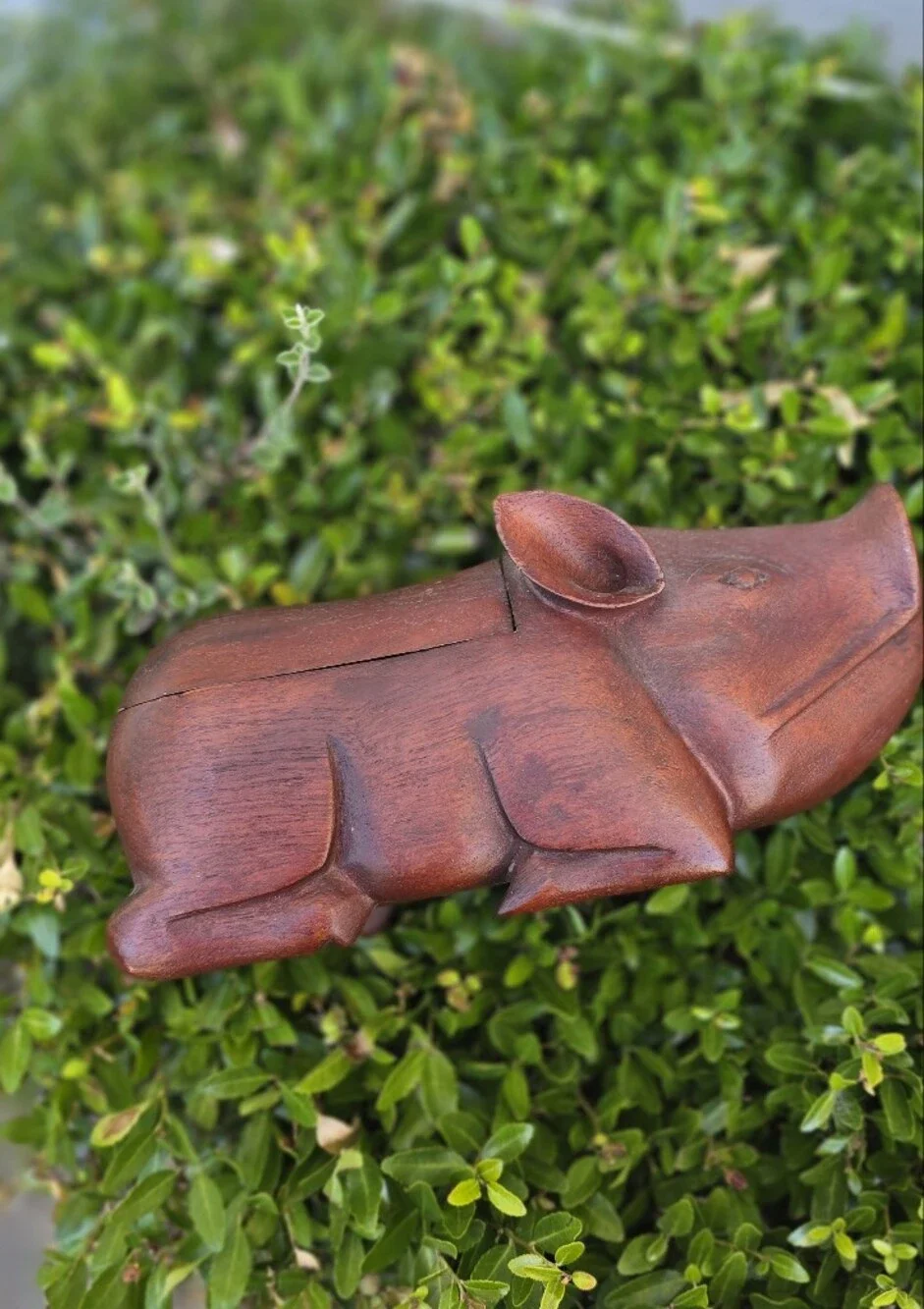 Vintage artisan handcarved heavy solid wood pig Trinket snuff box